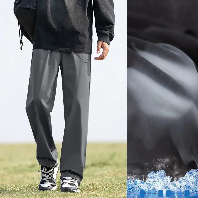 아이스 실크 얇은 바지 남성용 스포츠 루즈 통기성 높은 허리 캐주얼 스트레이트 레그 롱 팬츠 여름 패셔너블 경량