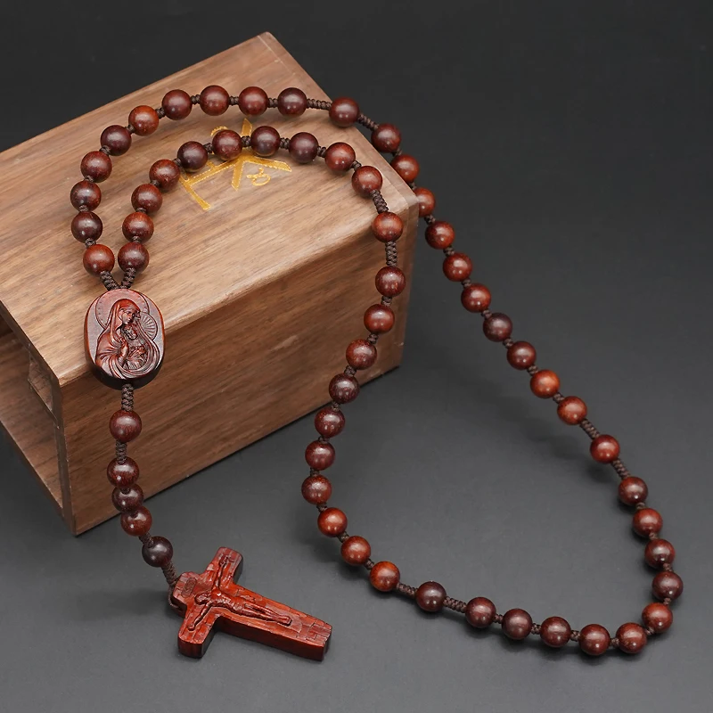 Rosewood Ebony Rope Chain Beaded Bracelet Wooden Rosary Handmade Our Lady Jesus Wood Necklaces for Women Men Religious Jewelry