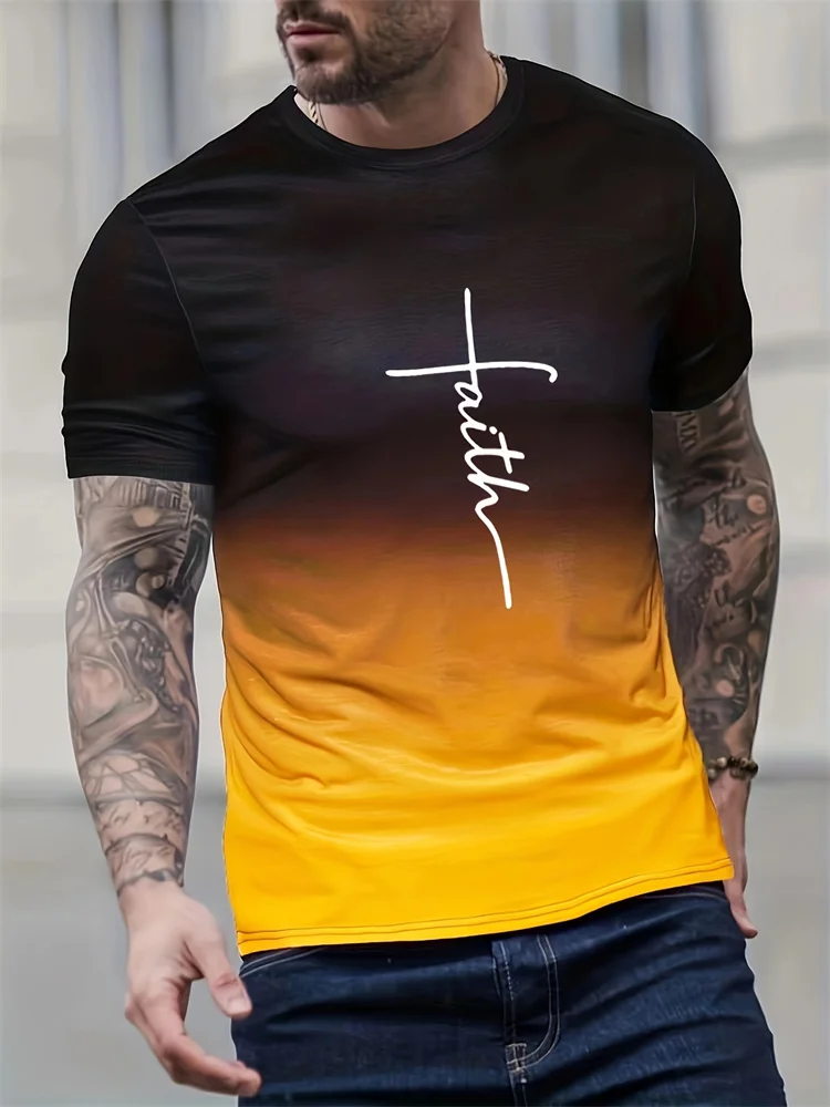 2024 New Men\'s Casual T Shirt Splicing Color Novelty Faith 3D Cross Symbol Printing Retro Summer Daily Top Outdoor Travel Party