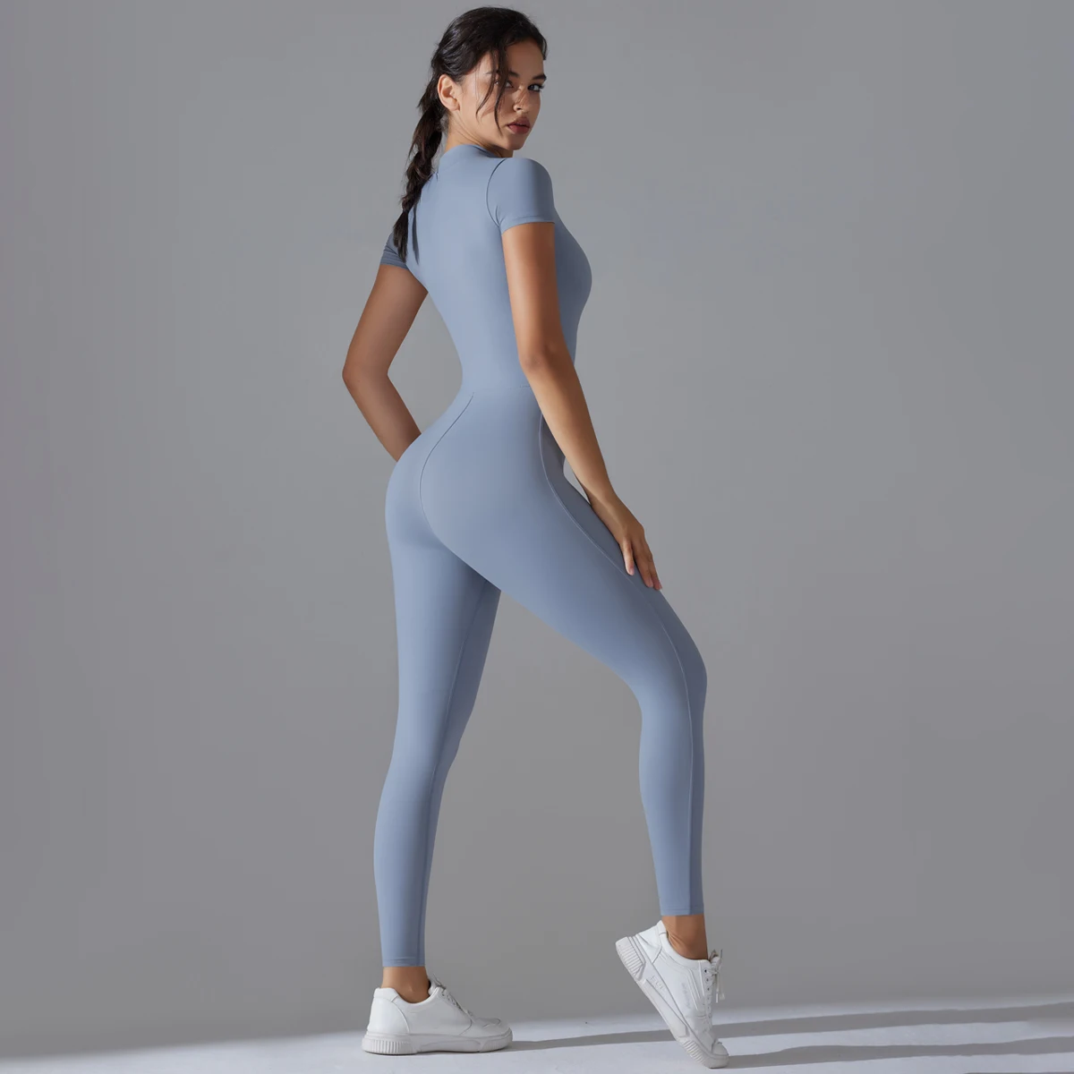 Conjunto de Yoga para mujer, monos de una pieza con cremallera, manga corta, gimnasio, ropa de entrenamiento de realce, mono de Fitness, ropa deportiva, chándal