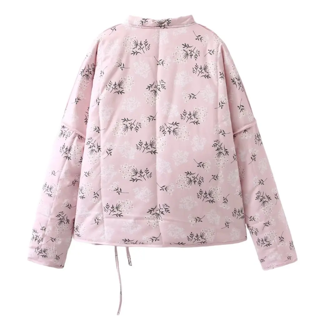 

Pink V-Neck Printed Bell Sleeve Jacket Autumn Winter European American Style Sweet Fresh Bathrobe-Inspired Women's Top