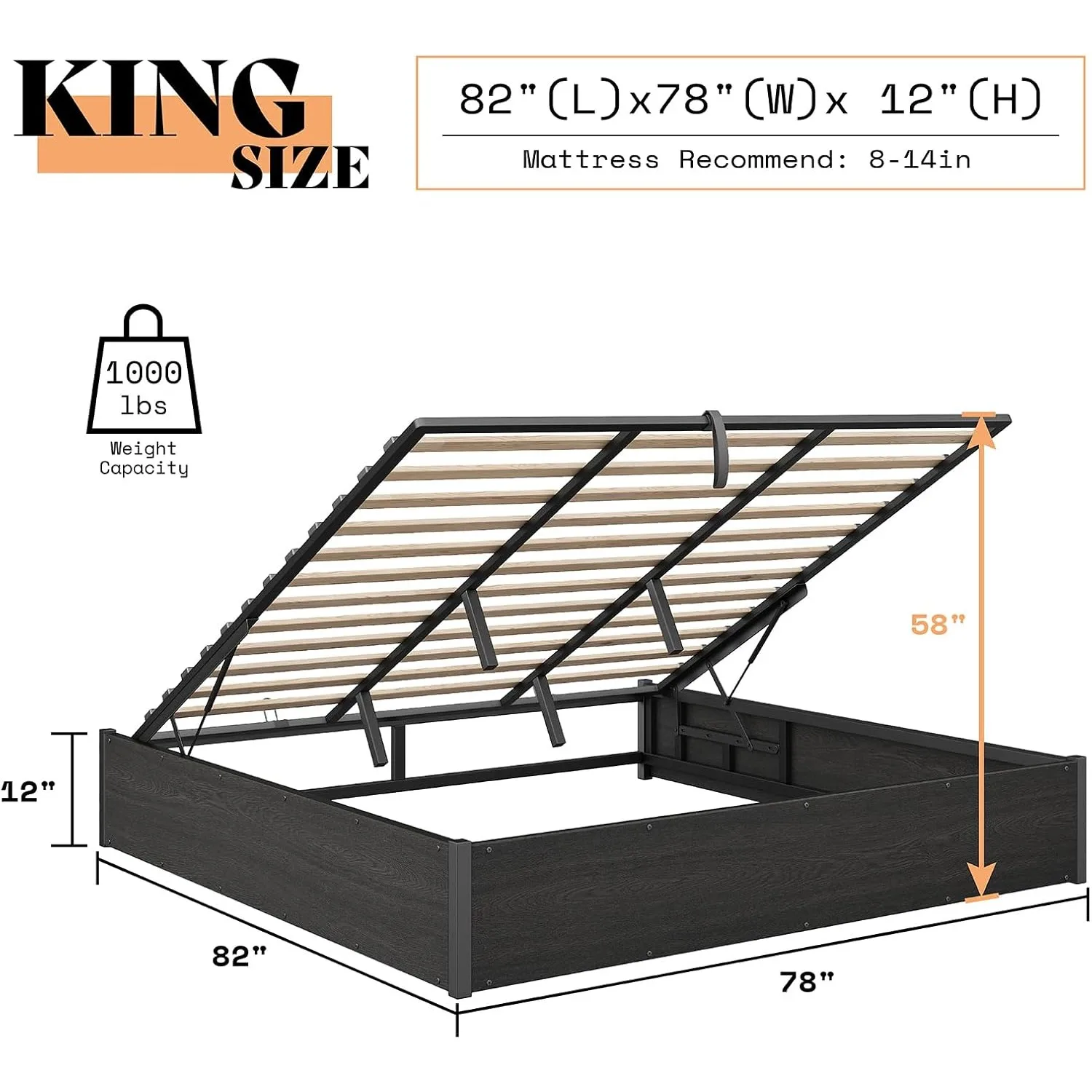 Lift Up Storage Bed,King Bed Frame with Storage Underneath,Wooden Platform Bed Frame,Solid Wood Slats Support,No Fixed Headboard