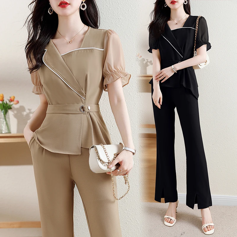 

Large Size Summer Office Suit For Women 2023 Shirt Top And Pant Two Piece Matching Set Female Matching Outfits Ladies Clothes
