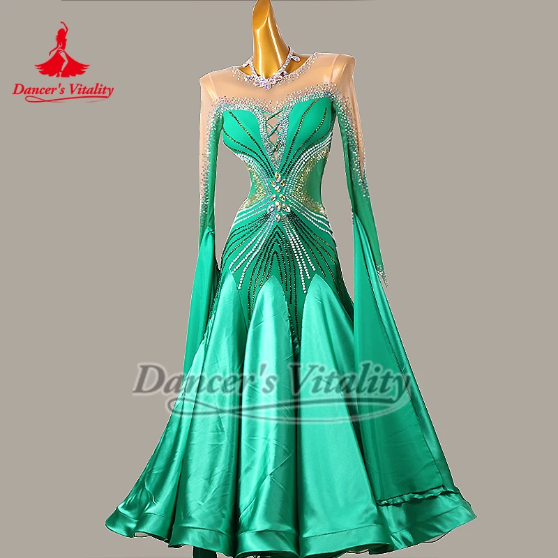 V 자형 백 그린 볼룸 AB 스톤 긴 소매 넥리스가있는 빅 스윙 드레스 성인 왈츠 퀵 스텝 옷 맞춤 크기