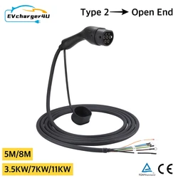 EVcharger4U Open End EV Charging Cable Type 2 16A/32A 1Phase/3Phase 250V/480V 3.5KW/7KW/11KW/22KW 5M for Electric Car