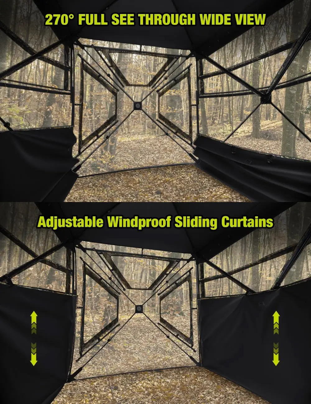 Hunting Blind 270°Full See Through with Windproof Curtain, Silent Magnetic Door & Sliding Windows, Pop Up Ground Blind with Carr