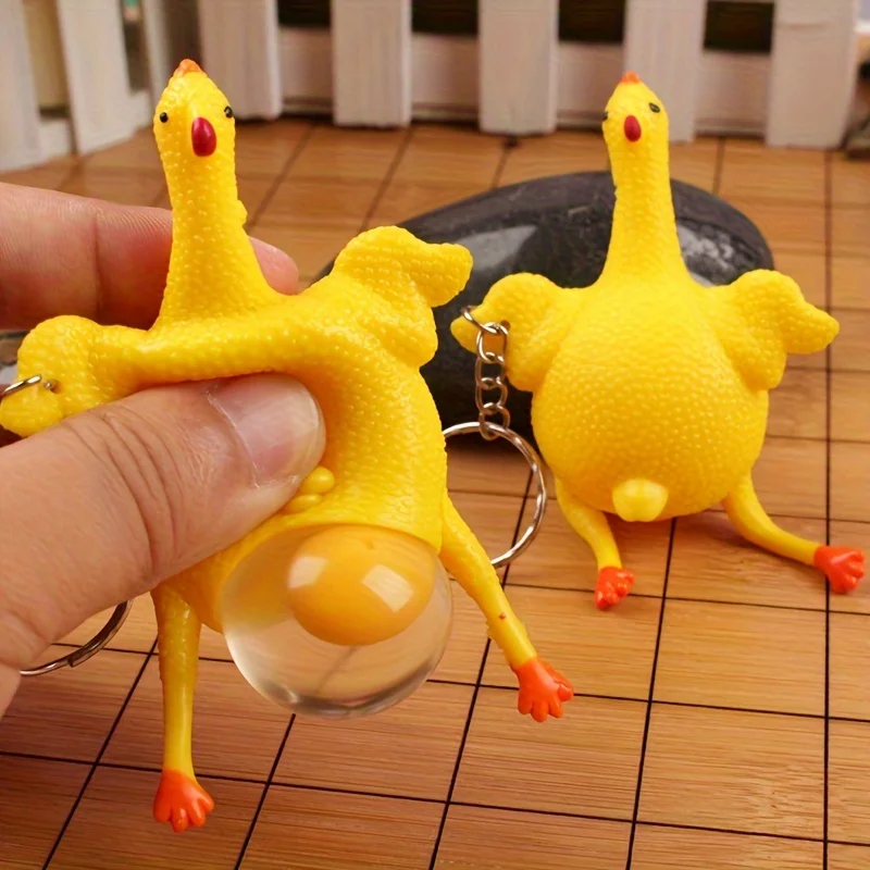 1/2pcs Mini Egg Laying Chicken Keychain Squeezable Funny Yellow TPU Stress Relief Toy Creative Novelty Bag Key Ring Gift Party