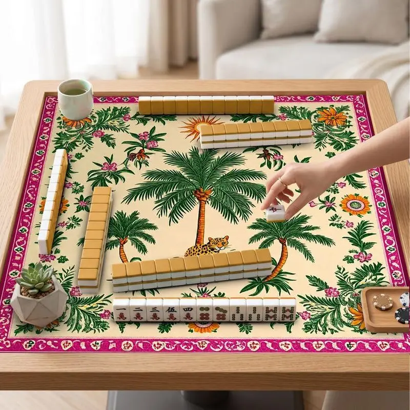 VIKAMA Tropical Palm Leopard Mahjong Mat Non Slip Noise Dampening Soft Square Pad Washable Exotic Home Decor