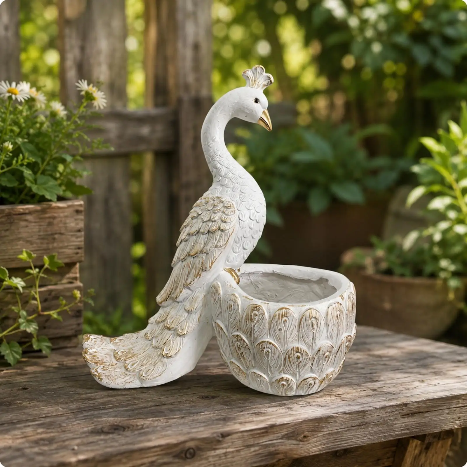 White Peacock Decorative Planter Large Flower Pot for Outdoor Garden Patio Interior Plant Display Vintage Finish