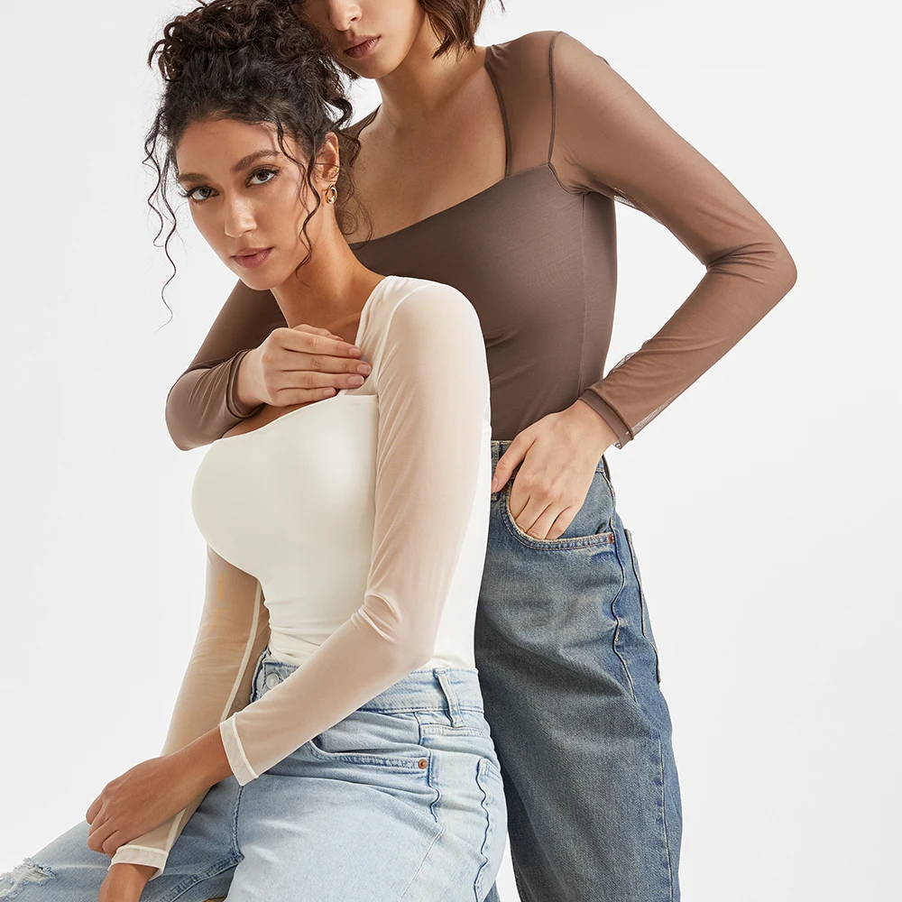 

Женские сексуальные сетчатые топы с длинными рукавами, модные футболки с квадратным вырезом, прозрачные черные, белые корейские пуловеры, женские