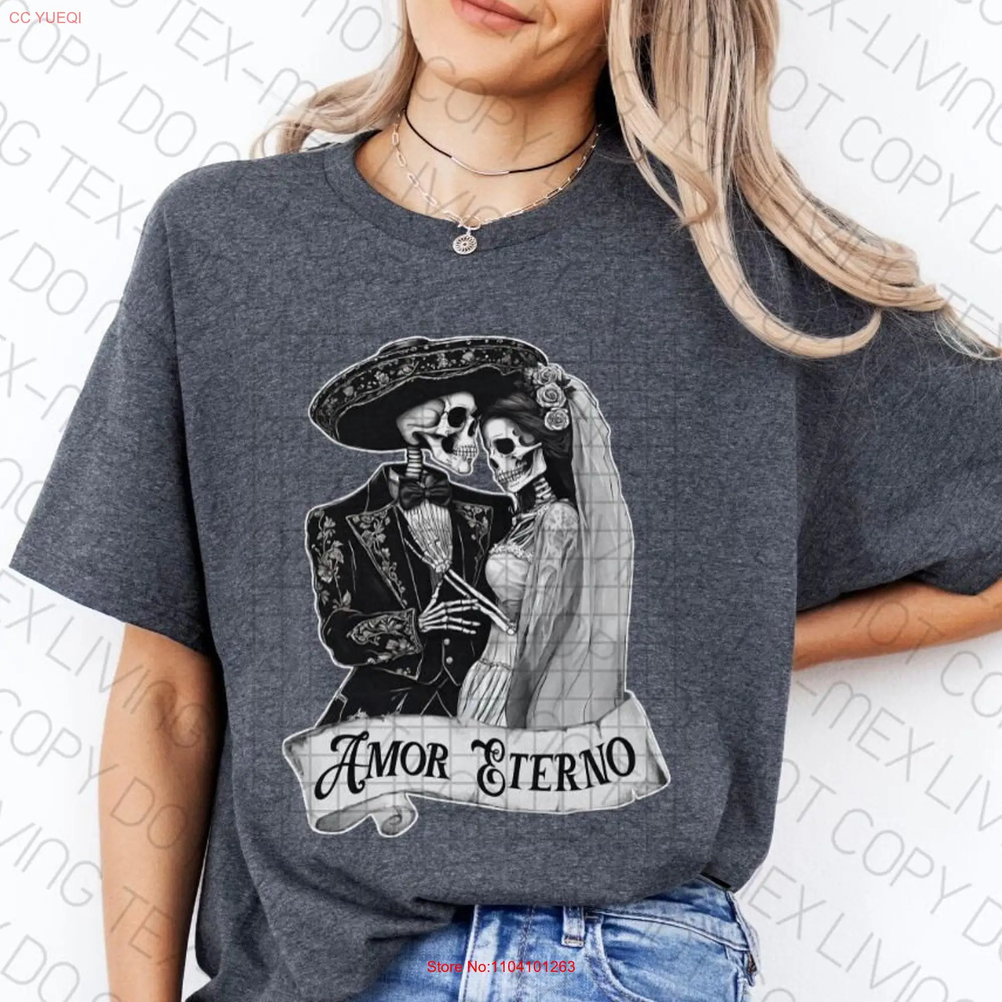 Mexican Mariachi Skeleton T Shirt Dia de los Muertos Love Amor Eterno Couples GifT for Gothic Bride and Groom Anniversary