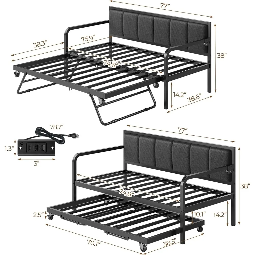 Sofá cama Rolanstar con estación de carga USB y LED, sofá cama doble regulable en altura con nido, estructura de cama tapizada gris con