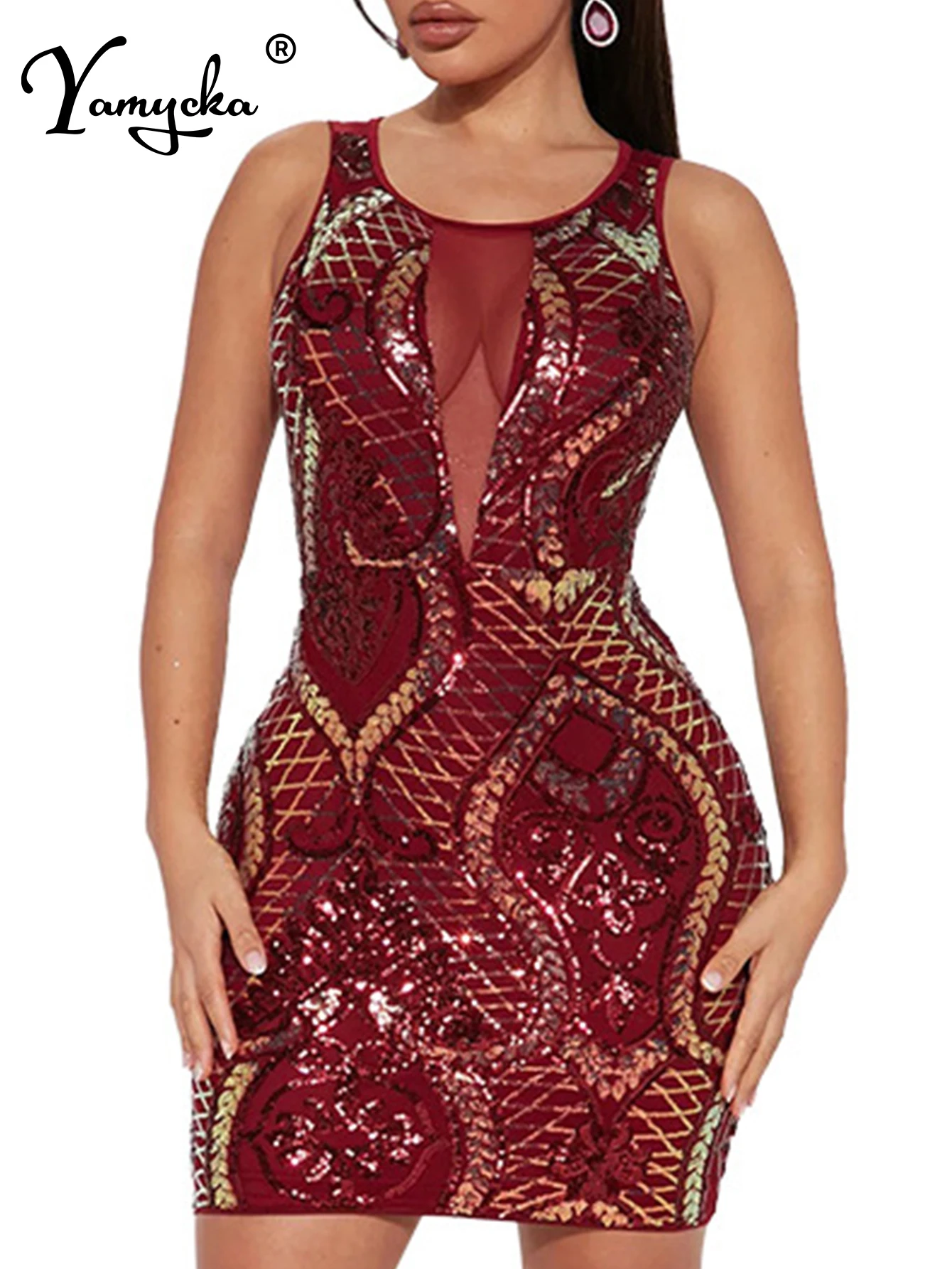 Sexy black see through sequin summer dress women elegant birthday evening party dresses woman bodycon club mini dress vestidos