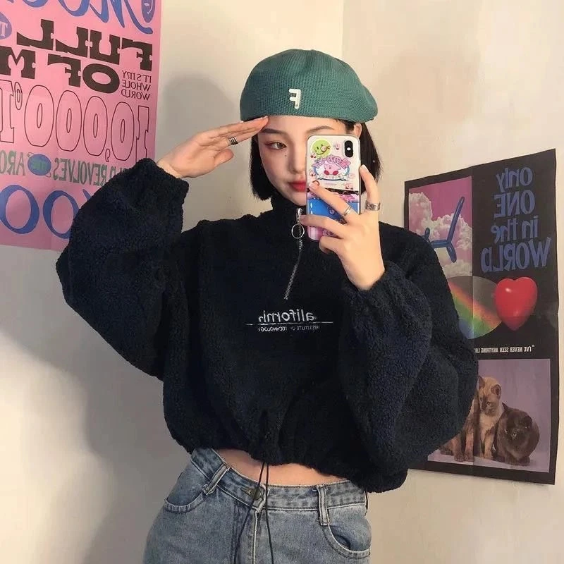 Short Half High Neck Hoodie for Women New Autumn Winter Loose Zipper Patchwork Street Casual Pullovers Top Fashion Trend Clothes