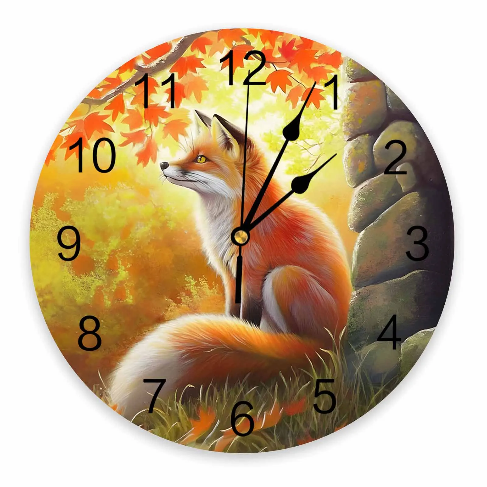 Autumn Maple Leaf Fox Stone House Printed Wall Clock Modern Silent Clock Living Room Home Decor Wall Hanging Watch