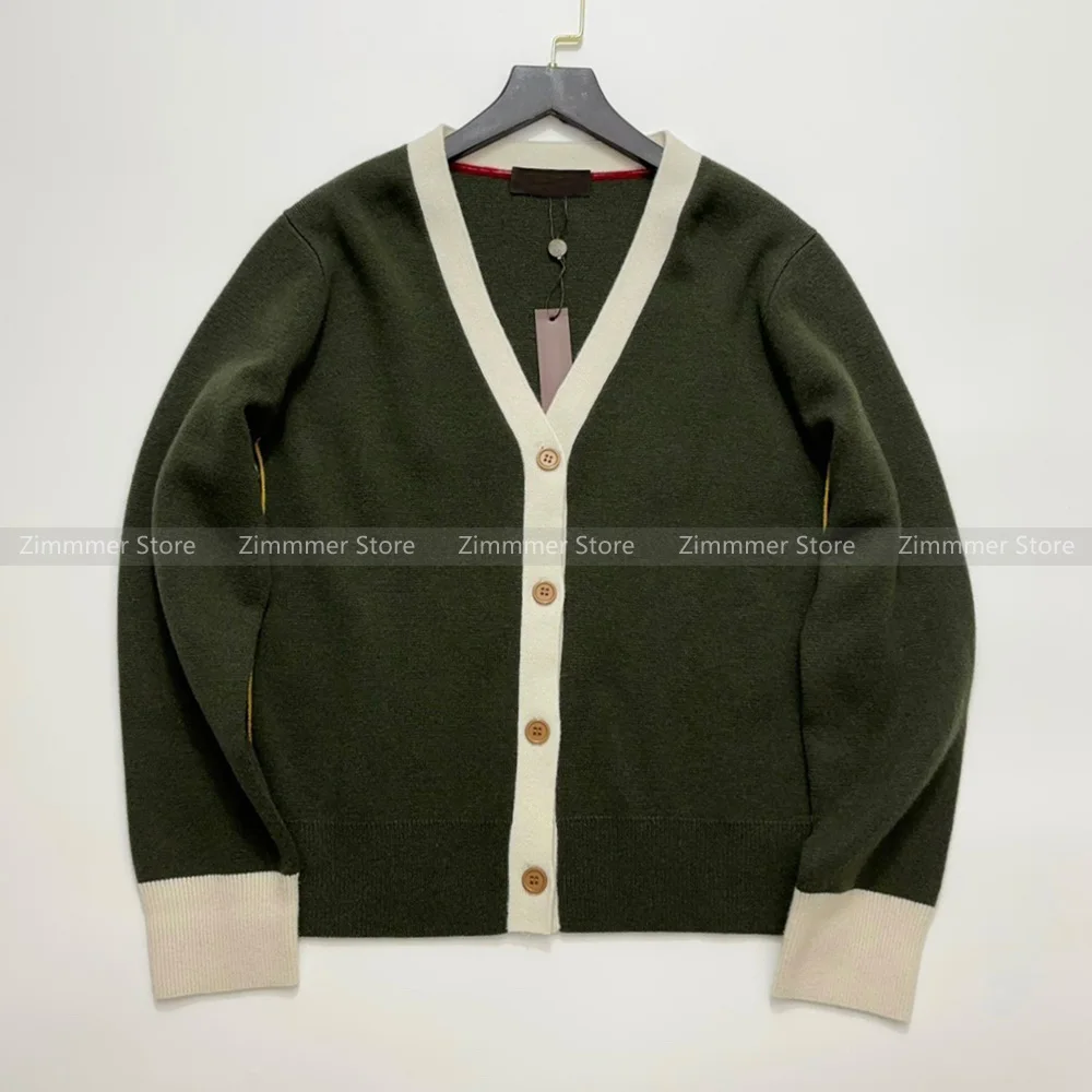 

Fashion women's 2024 autumn and winter new dark green colour blocking v-neck knitted cardigan jacket