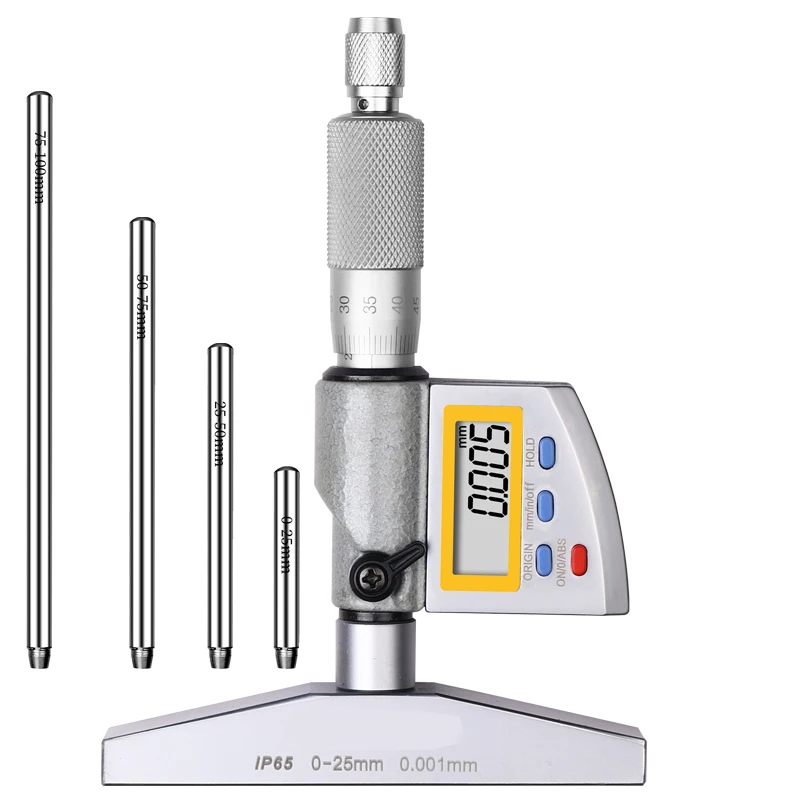 

IP65 0-100mm Digital Depth Micrometer with Interchangeable Rod resolution 0.001mm