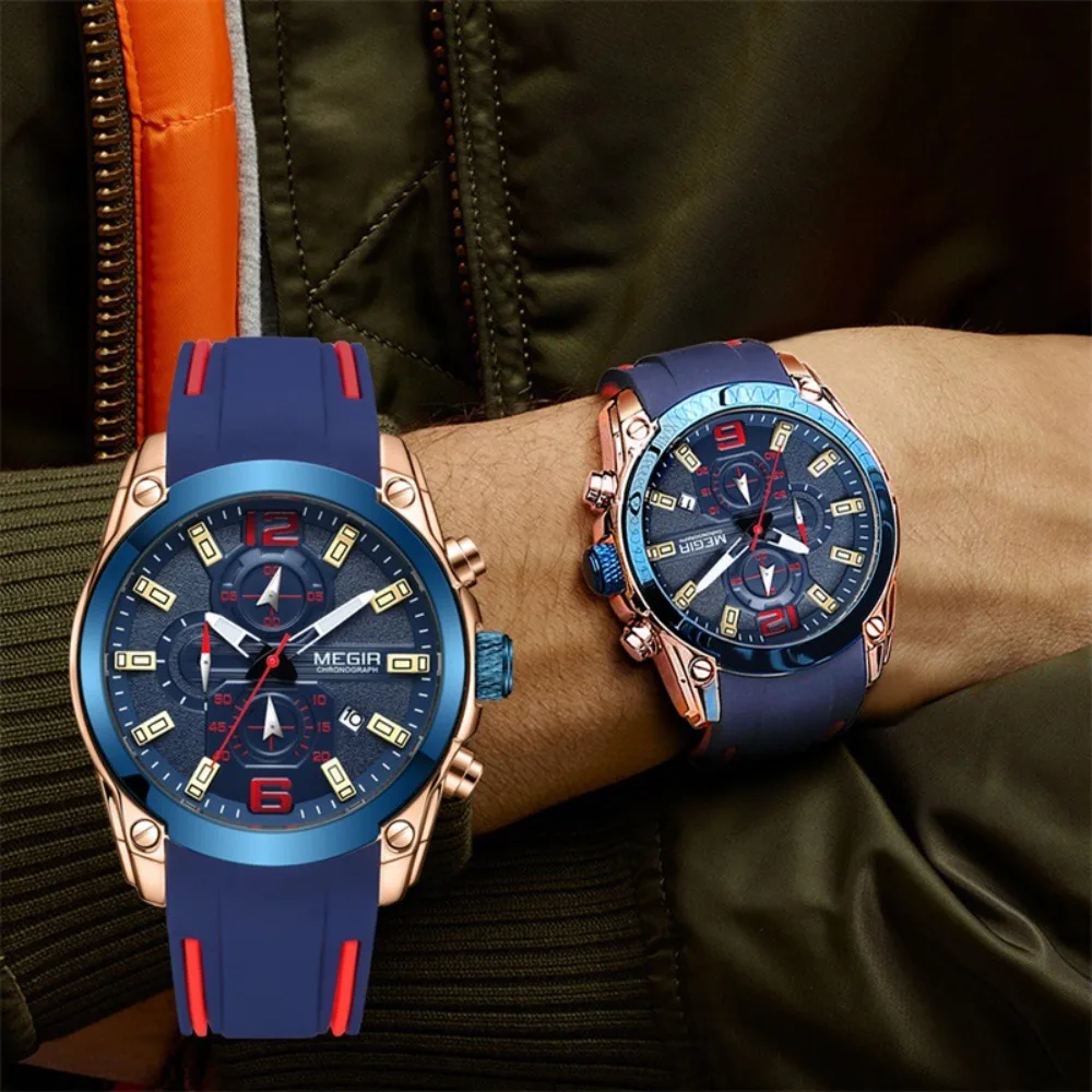 MEGIR 2063 Relojes Para Hombres موضة رياضية كوارتز ساعة رجالي كرونوغراف مضيئة مقاوم للماء التقويم الساعات للرجال