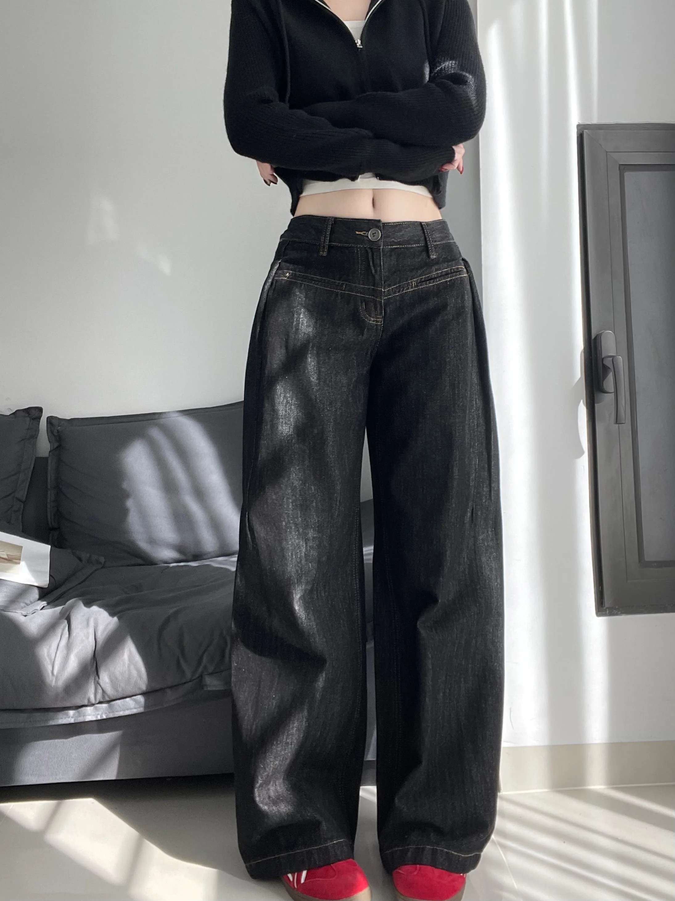 

Low Waist Wide Leg Original Color Banana Denim Pants Women Loose Floor Length Pants Retro Sle High Street Spicy Girl Jeans