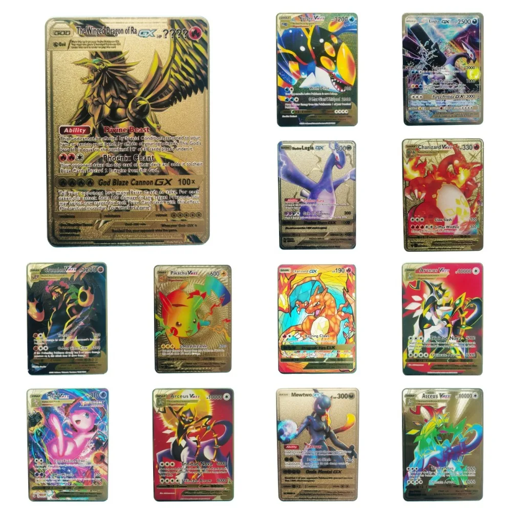 20 Style New  Pokemon Cards Gold Metal Pokemon Cards  English Hard Iron Cards Mewtwo Pikachu Gx Charizard Vmax Package Game Coll