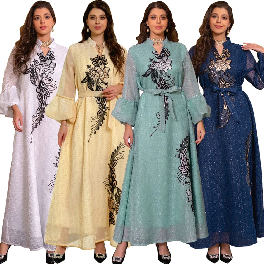 

Sequins Embroidered Abaya Dress For Women Moroccan Kaftan Turkey Arabic Jalabiya Islam Ethnic Maxi Robe 2024 Spring Eid Ramadan