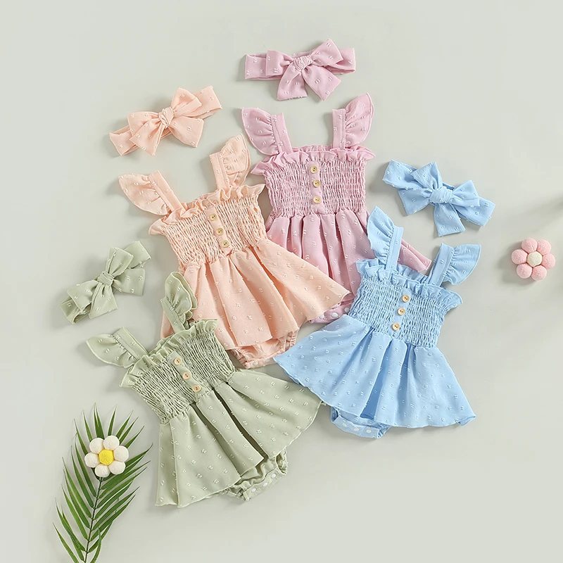 Baby Girls Summer PrincessTutu Romper Solid Color Flying Sleeve Ruched Button Playsuit with Headband Chiffon Lace Baby Bodysuits