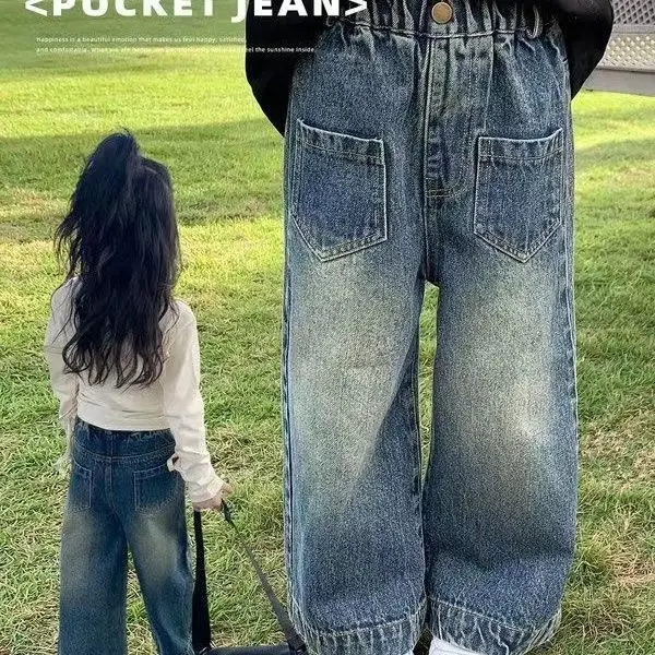 Girls Pants 2025 Spring and Autumn New Children Fashionable Straight Leg Jeans Girls Baby Fashion Wide Leg Pants