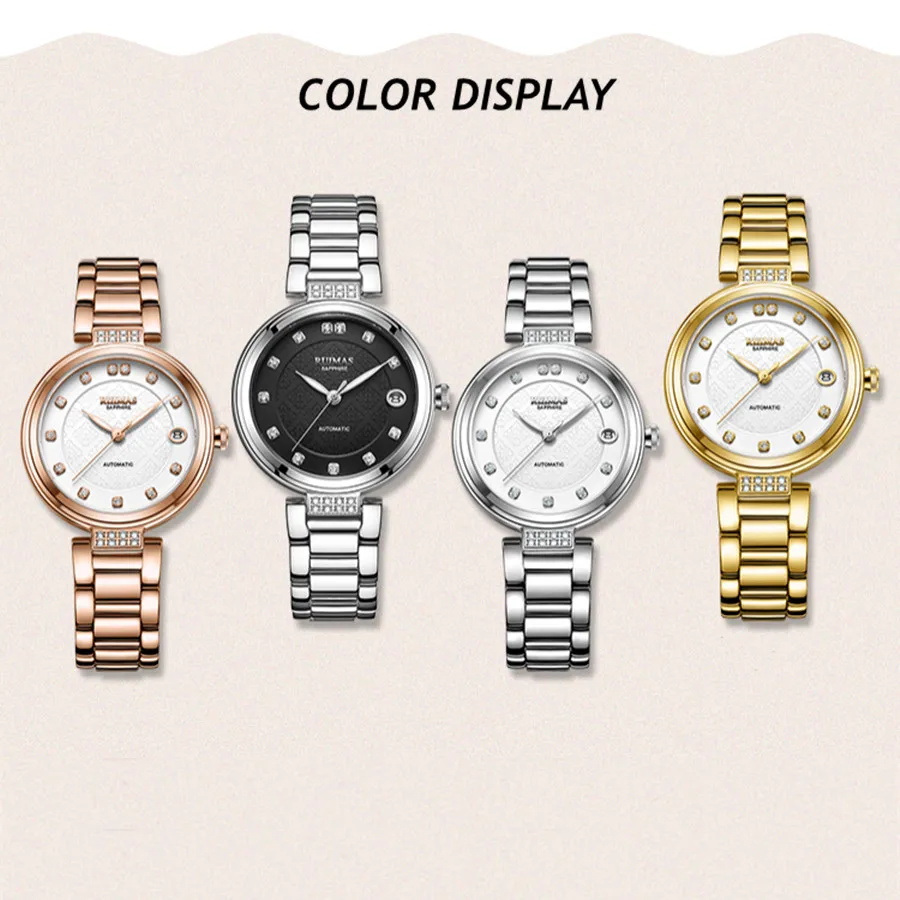 RUIMAS Women Automatic Mechanical Watch Steel Strap Ladies Business Wrist Watch Fashion Waterproof Date Clock Montre Femme 6756