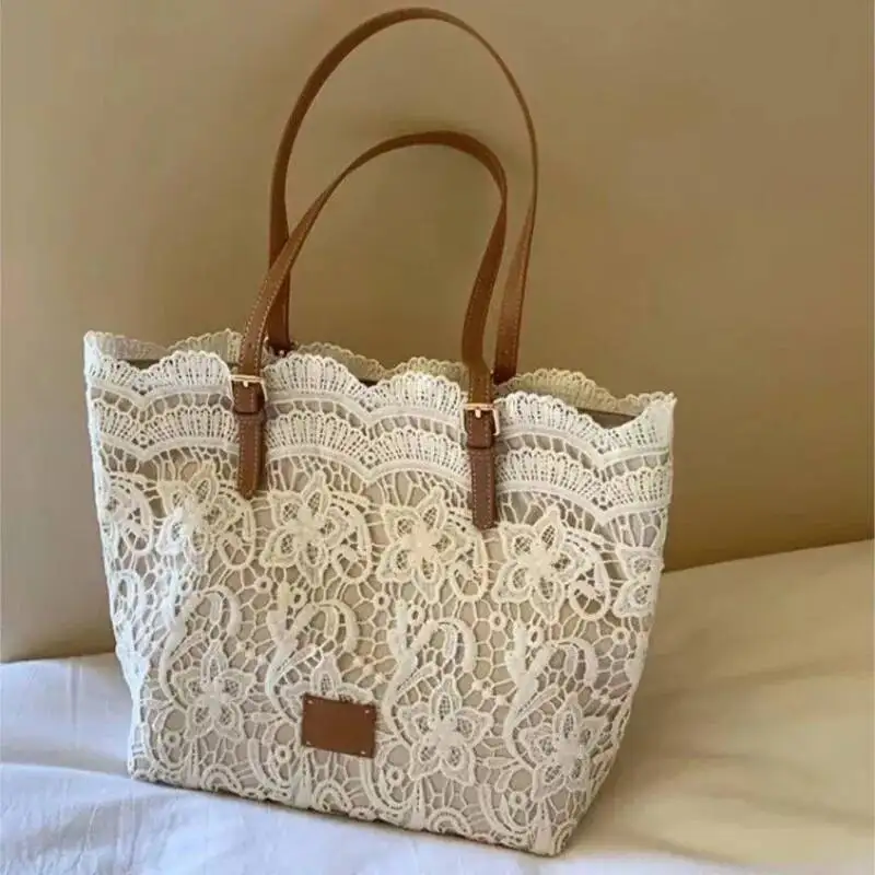 Bloom Fairycore Aesthetic Lace Shoulder Bags Women Retro Large Capacity Beige Handbag Wallet Gentle Vintage Underarm Bag 2025