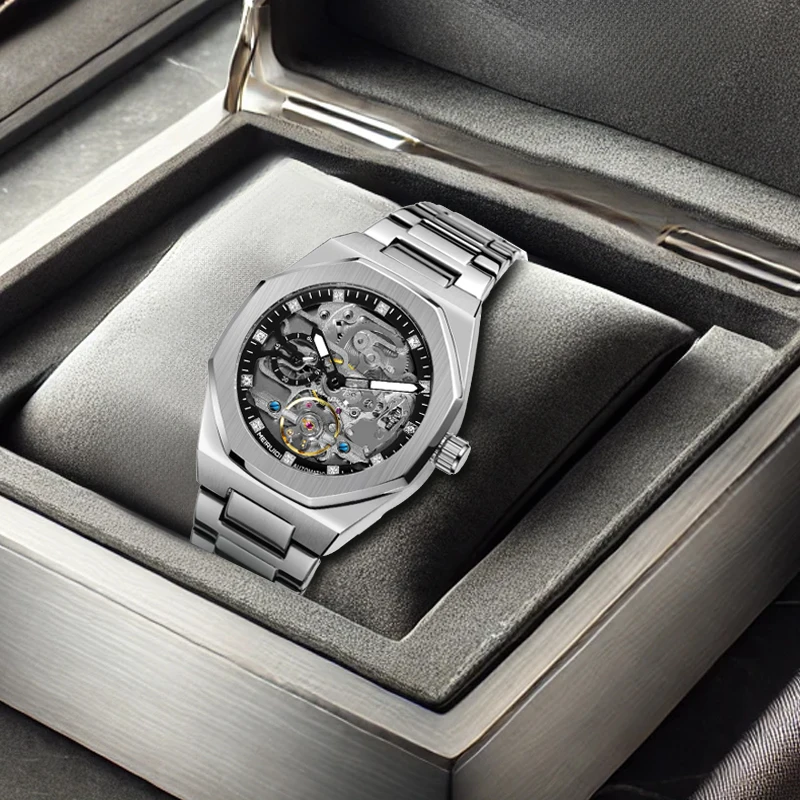 

Мужские серебристо-черные часы в минималистском стиле для отдыха, с полым циферблатом, полностью автоматические, механические.