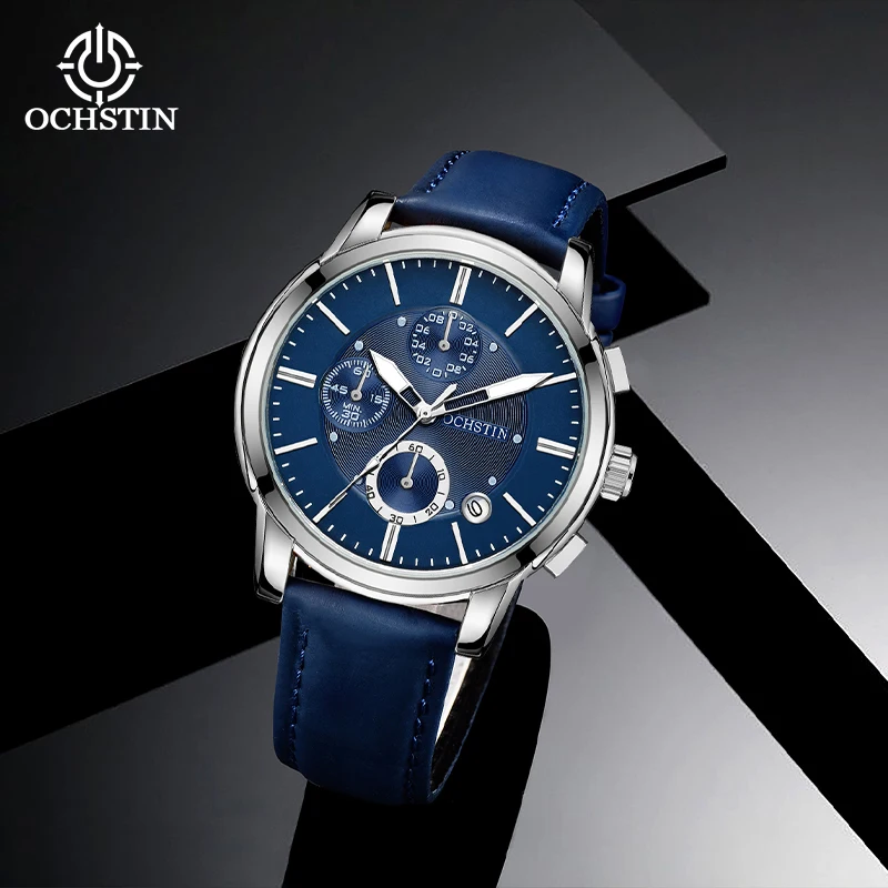 OCHSTIN Mens Multifunction Quartz Movement Wristwatch Male Genuine Leather Band Mineral Hardened Glass Waterproof Watch
