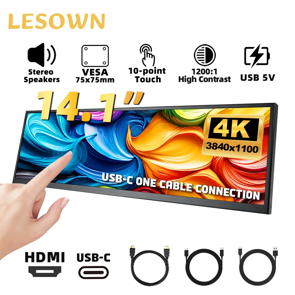 

Портативный монитор LESOWN PC Case Monitor 14.1 дюйма, ультраширокий вытянутый монитор-панель 3840x1100 IPS LCD для ноутбуков, ПК, игр и работы
