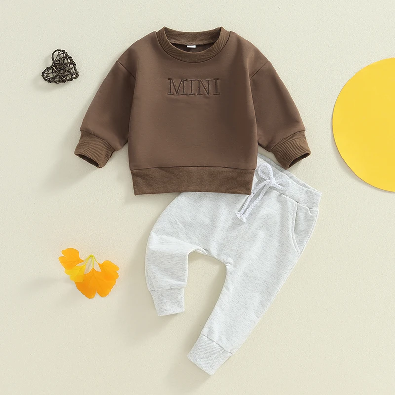 Toddler Handsome Baby Boy Round Neck Long Sleeve Solid Color Elastic Outfit Clothes Pullover Sweatshirt Jumper Trousers Pants