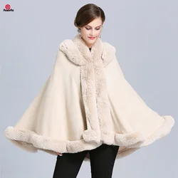 Soft Faux Rex Rabbit Fur Cape Coat Hooded Cloak Women Knit Cashmere Cardigan Double Collar EuropeStyle Loose Fur Overcoat Winter