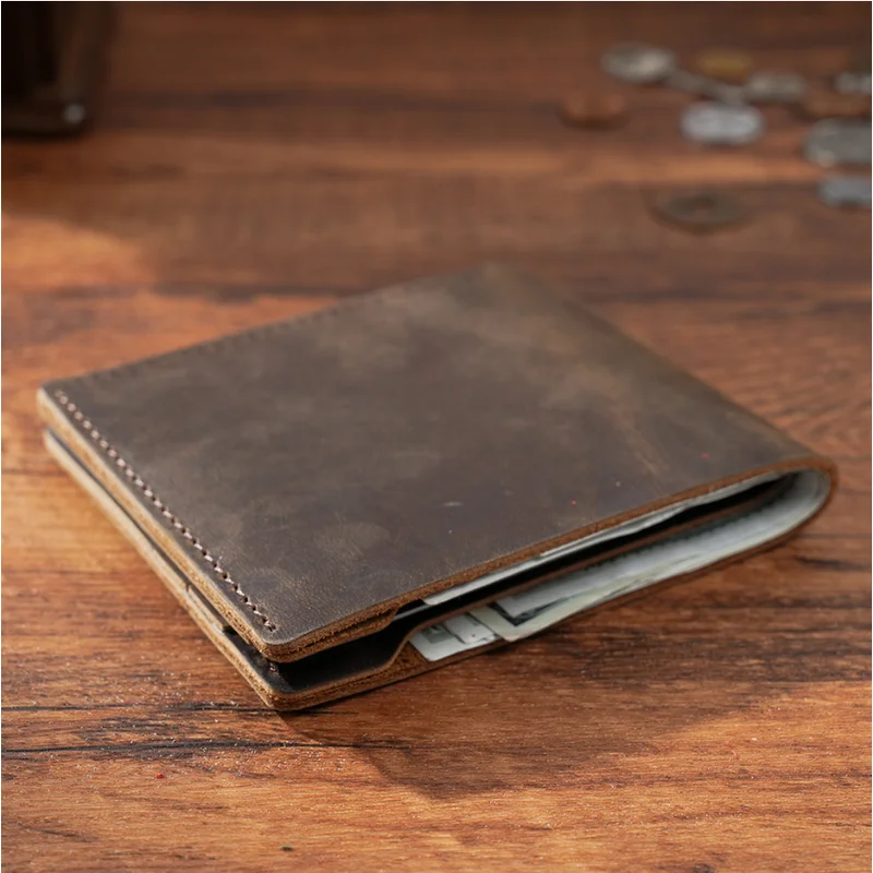 Genuine Leather Mens Multi-card Slot Wallet Fashion Folding Large-capacity Short Purse Crazy Horse Leather Coin Wallets