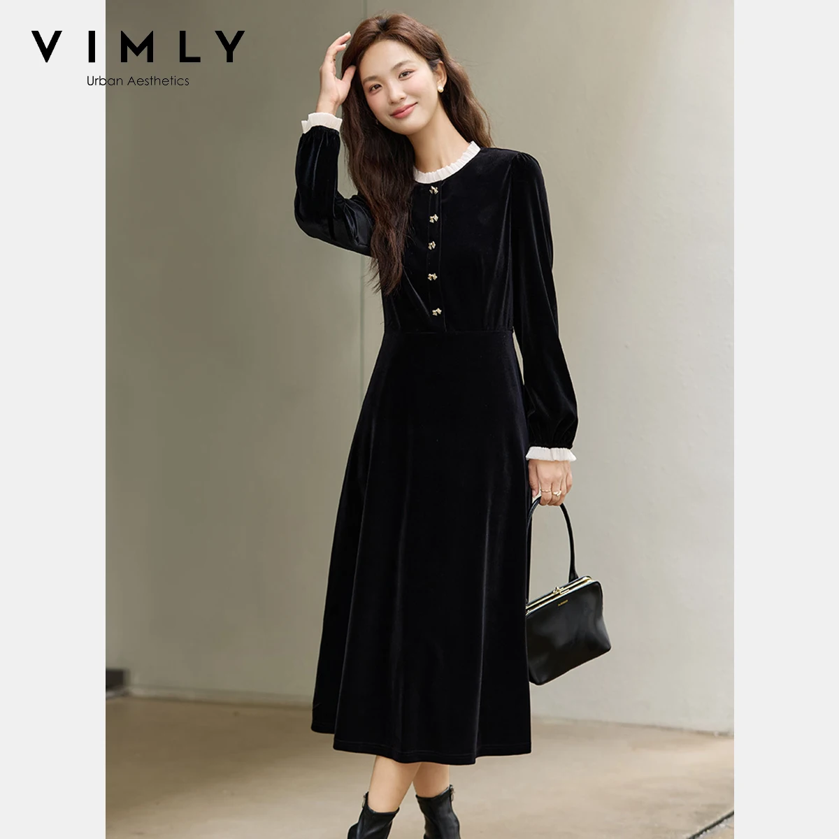 

VIMLY Elegant Black Velvet Dress 2025 Winter French A-Line Lantem Sleeve Long Lady Dresses Ruffle Round Neck Female Dress A3211