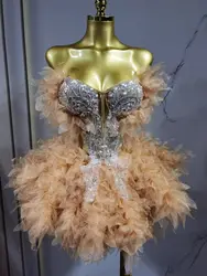 Khaki Color Women Sexy Strapless 2 PiecesBall Gown Mini Dress Celebrate Niahtclub PartyPerformance Costume Stage Wear Y012