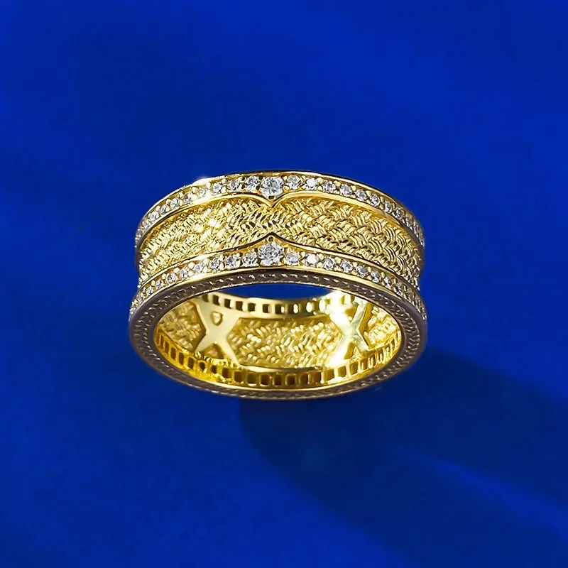 New S925 pure silver gold-plated antique filigree wind and rain bridge ring, gold exquisite high-end feeling ring, hot selling