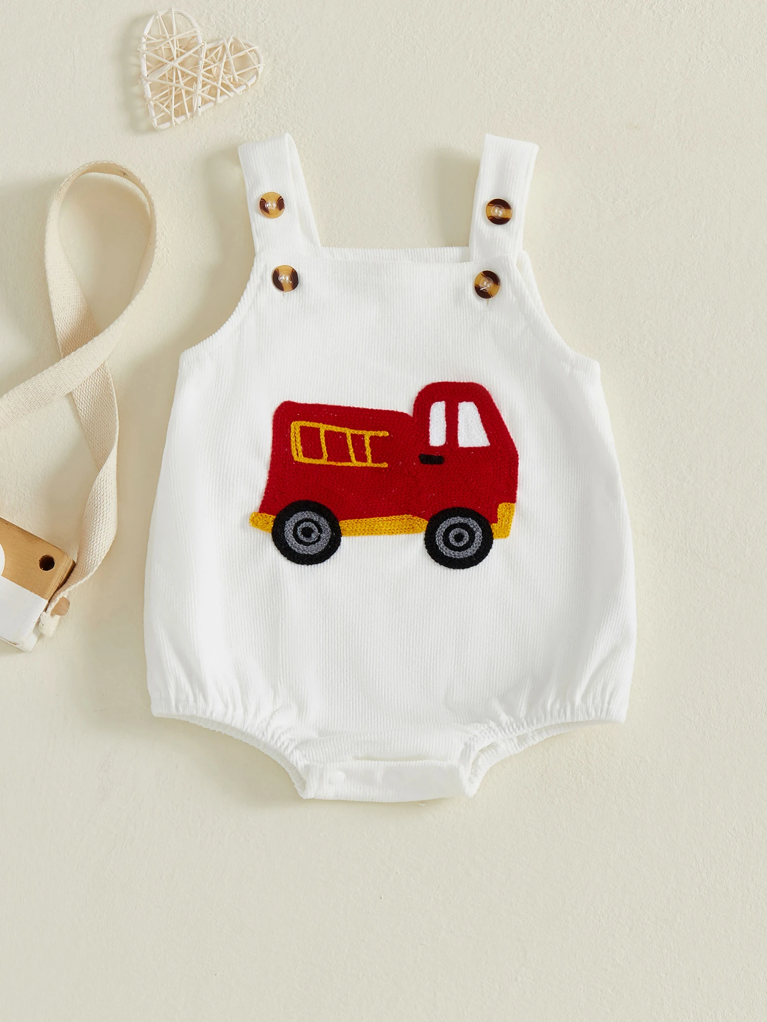 

Adorable Infant Overall Stylish Police Car Applique V-neck Sleeveless Playsuit with Button Closure