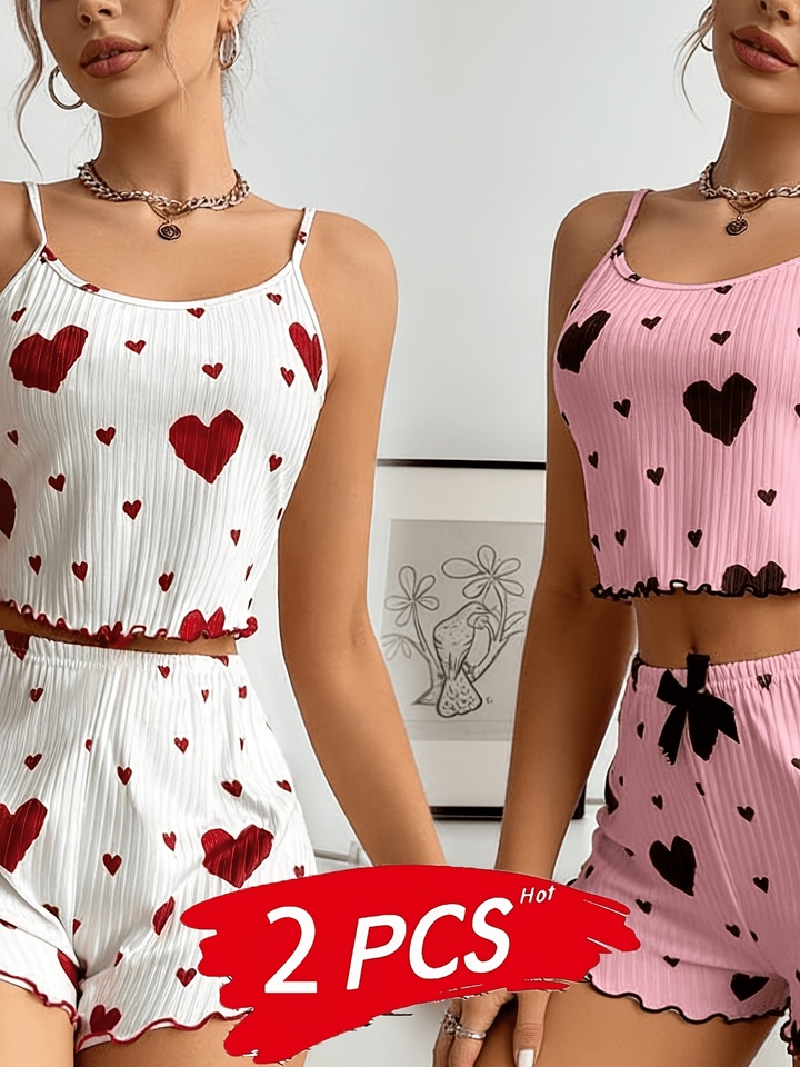  2PCS Women'S Two-Piece Sleepwear Set, Featuring a Camisole And Shorts with a Heart Design, Comfortable Loungewear for Casual Use 