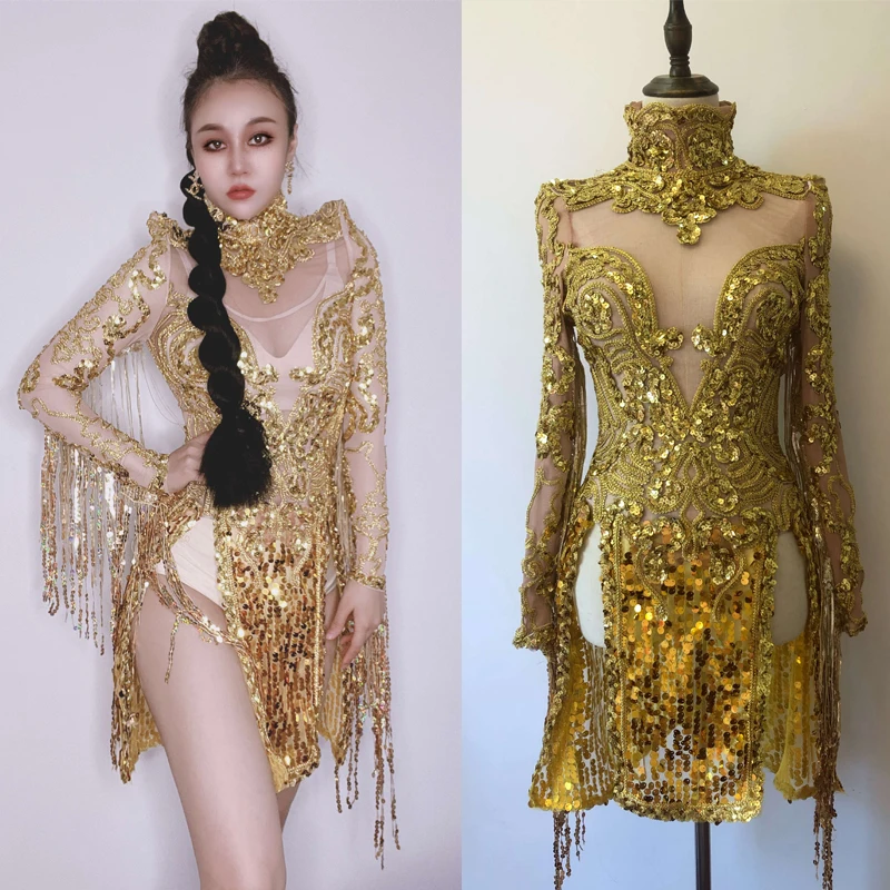 

Sparkly Gold Sequins Tassel Party Dress Women Perspective Fringes Sleeves Dress Birthday Celebrate Outfit Gogo Costume XS5238