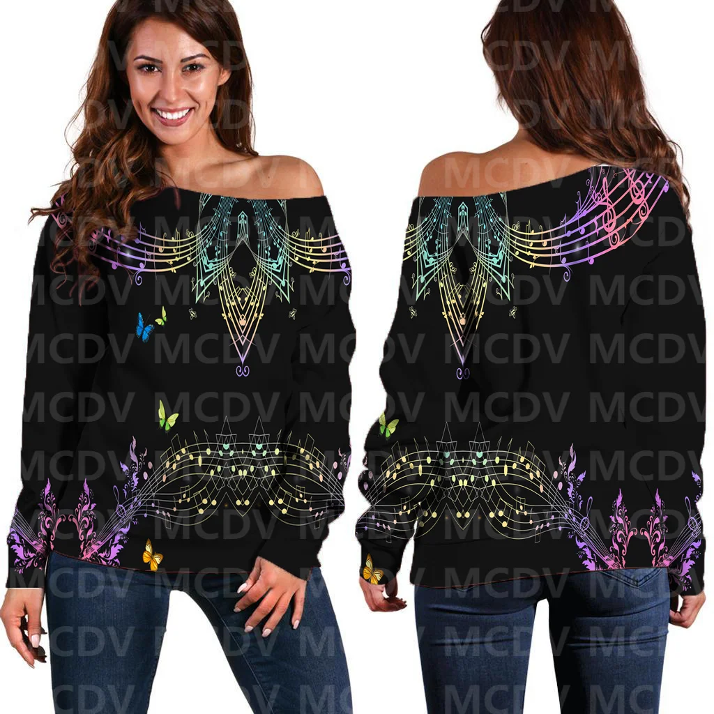 Women's Off Shoulder Sweater Retro Butterfly 3D Printed Women Casual Long Sleeve Sweater Pullover