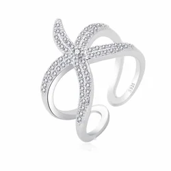 Newest Original 925 Sterling Silver Color Adjustable Ring Big Starfish Paved Shiny White Crystals Opening Rings Women Accessory
