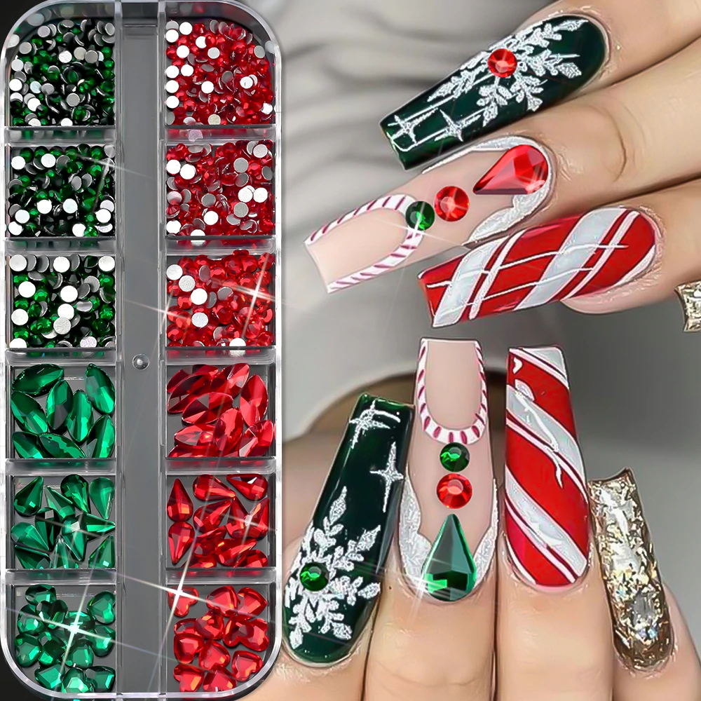 12 grades 3d natal vermelho & verde arte do prego strass misturados redondos, gota, amor vidro gem encantos do prego brilho natal decoração da arte do prego