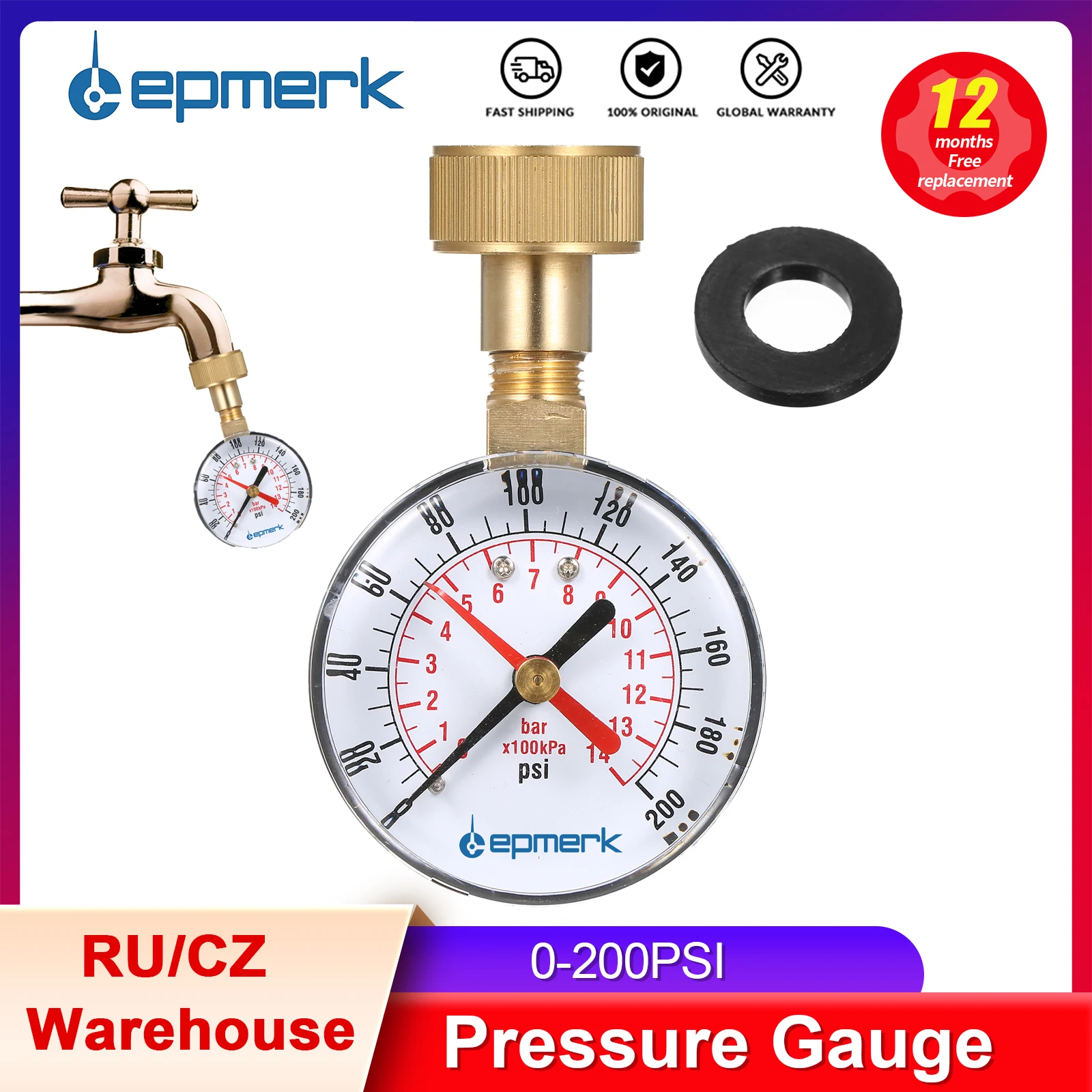 Lepmerk 2- 1/2'' Pressure Gauge Water Pressure Test Gauge 3/4'' Female Hose Thread 0-200 PSI with Red Pointer High Precision