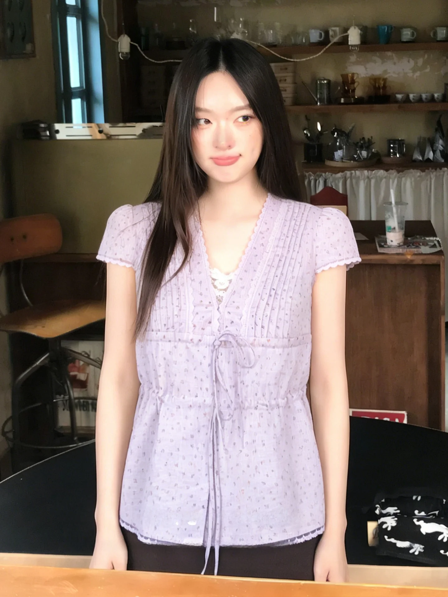 

Purple Floral Short Sleeve Shirt Women's Summer Lace Trim V-neck Tie Waist Slim Fit Top Casual Style Breathable Cool Feeling