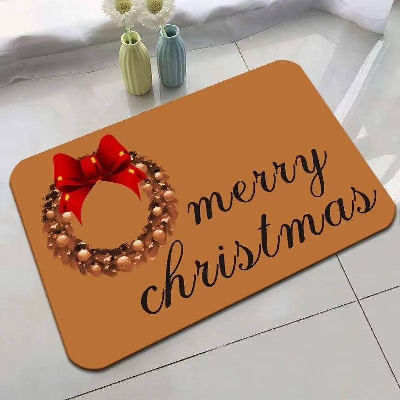 Christmas Santa Stop Here Floor Mat Cartoon Santa and Reindeer Pattern Home Entrance Decor Doormat for Holiday