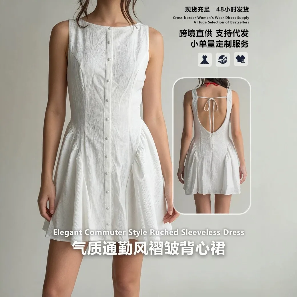 White Sleeveless Dress High Waist Backless Tie Back Ruched Dresses Button Front Mini Dress Casual Party Short A Line Dress