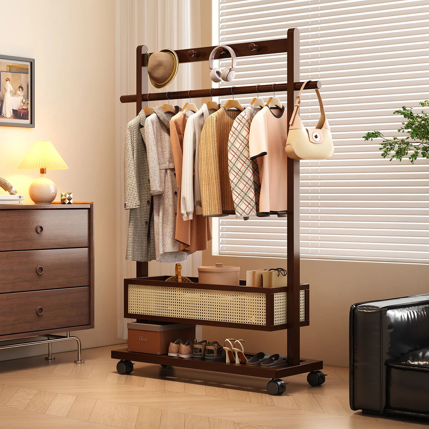 Coat Rack Floor Standing with Storage Bedroom Movable Clothes Rack Multi-Functional Garment Hanger Organizer