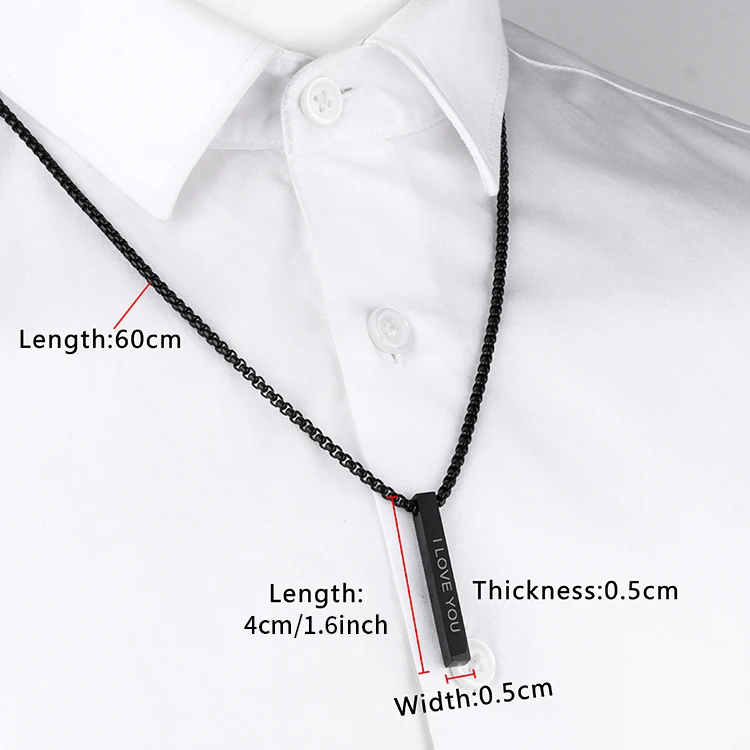 Vertical Bar Pendant Necklace for Men Women Stainless Steel 60cm Box Chain Custom Engraved Rectangular Bar Necklace Personalized